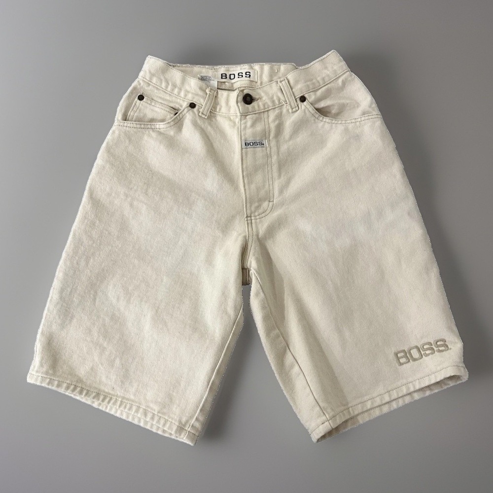 Vintage Boss Mens Beige Denim Jean Shorts Embroidered Logo Size 30